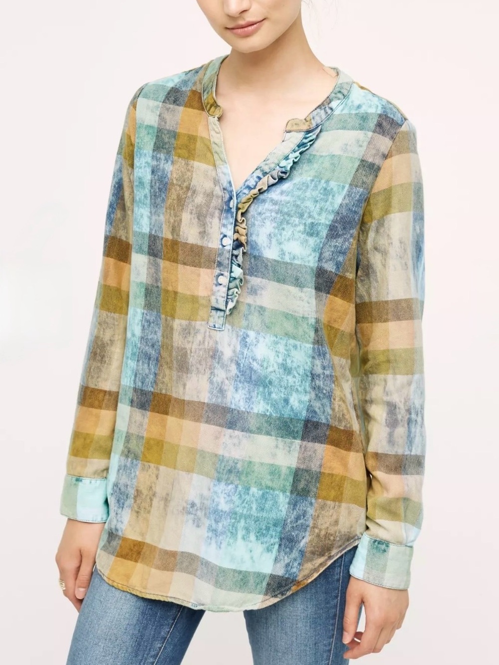 Isabella Sinclair Acid Wash Plaid Ruffle Henley Shirt Top S Cottagecore Boho